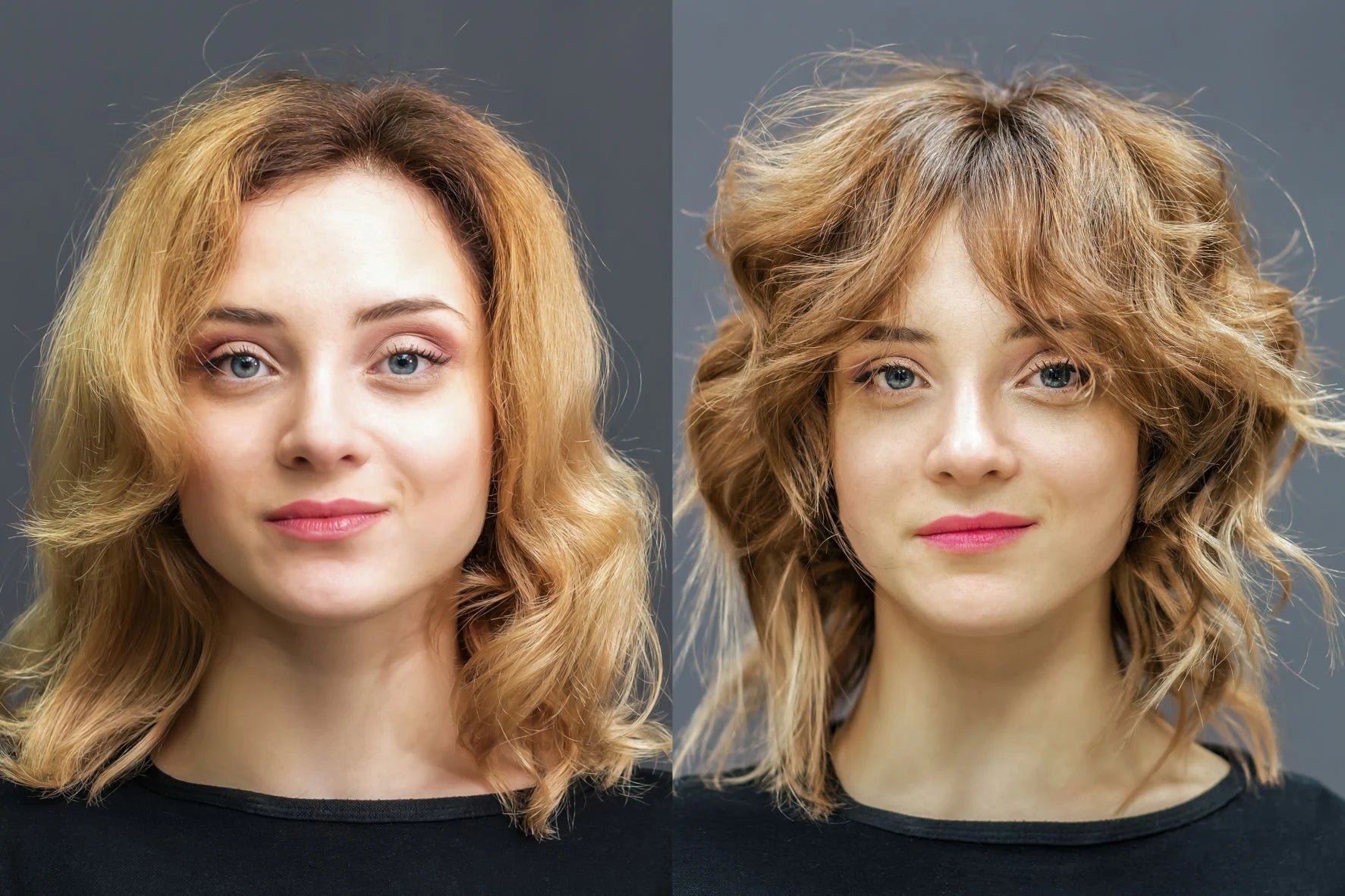 before and after image of woman with wolf cut hairstyle