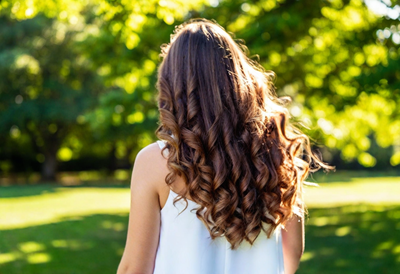 Woman with thick curly hair walks through the park