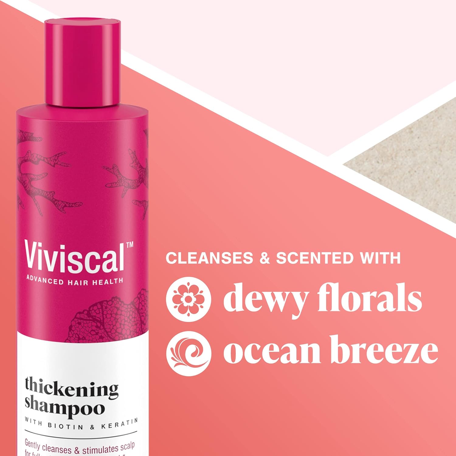Viviscal thickening shampoo cleanses and scented with dewy florals and ocean breeze