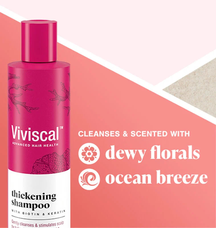 Viviscal thickening shampoo cleanses and scented with dewy florals and ocean breeze