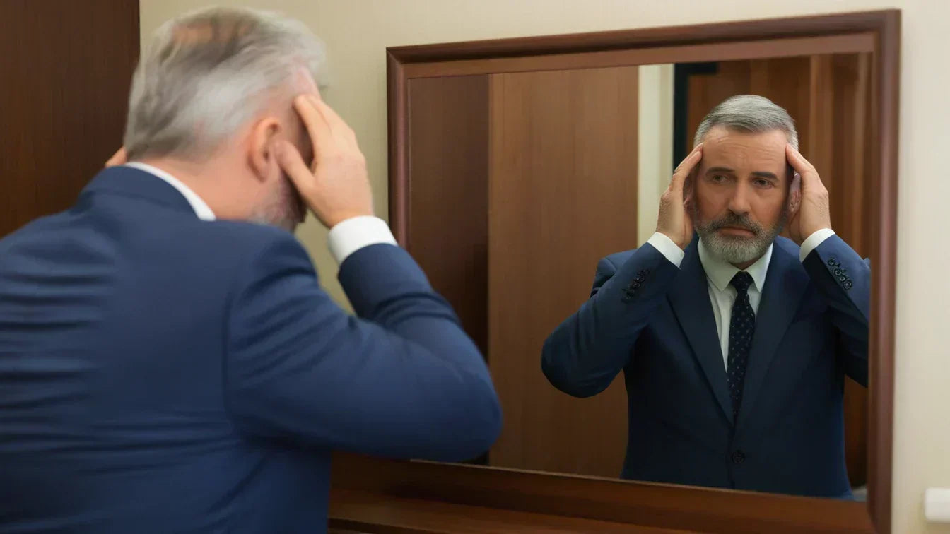 Middle-aged man in a suit examining his thinning hair in a mirror