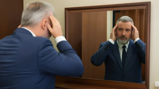 Middle-aged man in a suit examining his thinning hair in a mirror
