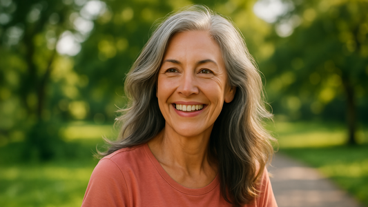 Smiling woman with gray hair enjoying a walk outdoors, showing her healthy hair post-menopause