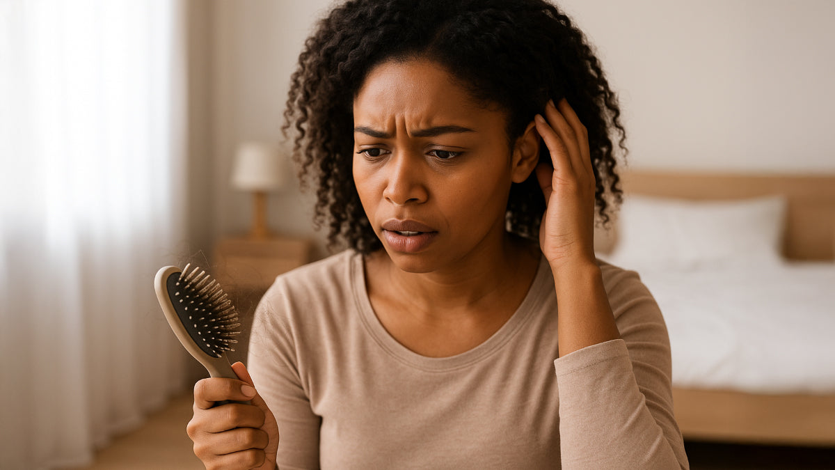 Woman concerned about hair loss while looking at hair in brush