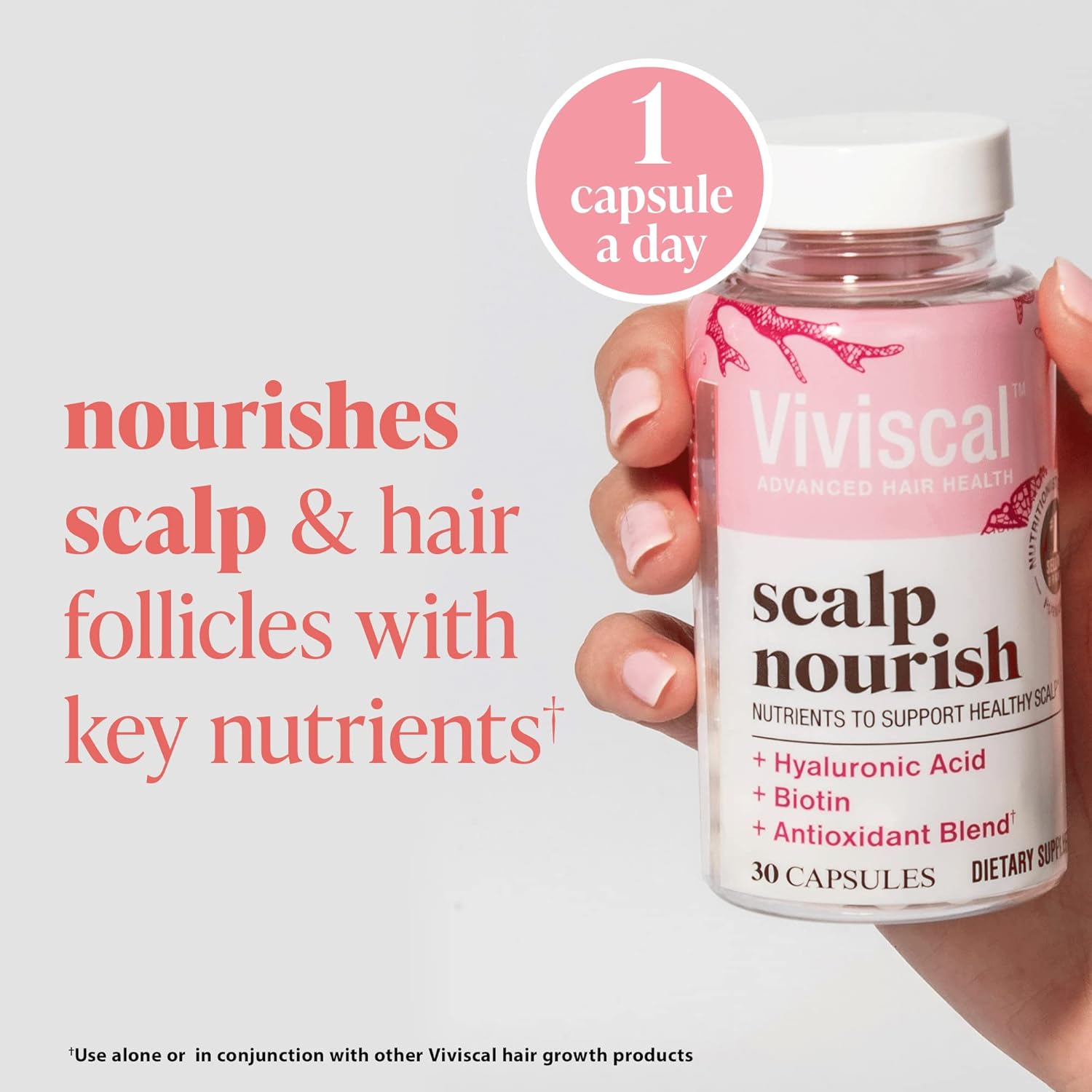 nourishes scalp and hair follicles with key nutrients with viviscal scalp nourish with one capsule a day