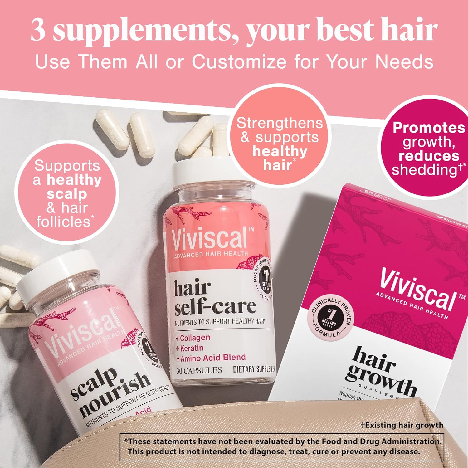 three supplements, your best hair, showing Viviscal scalp nourish, hair self-care, and hair growth