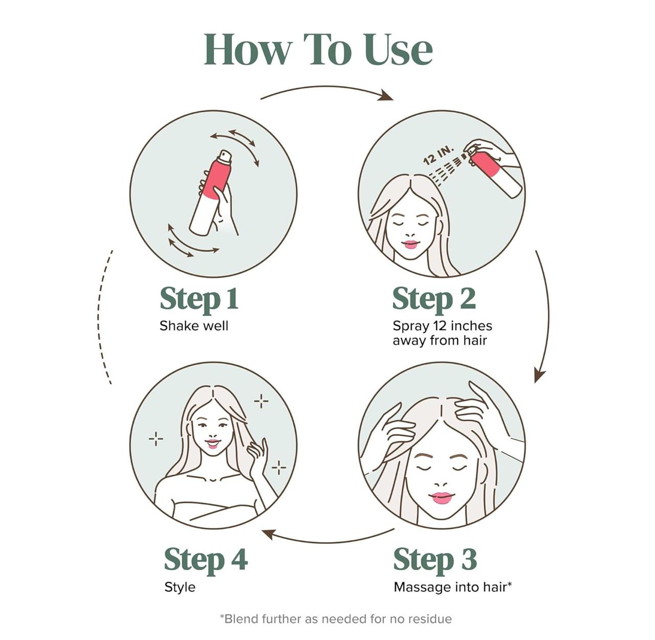 how to use viviscal dry shampoo volumizing: step one, shake well, step two, spray twelve inches away from hair, step three massage into hair, and step four style
