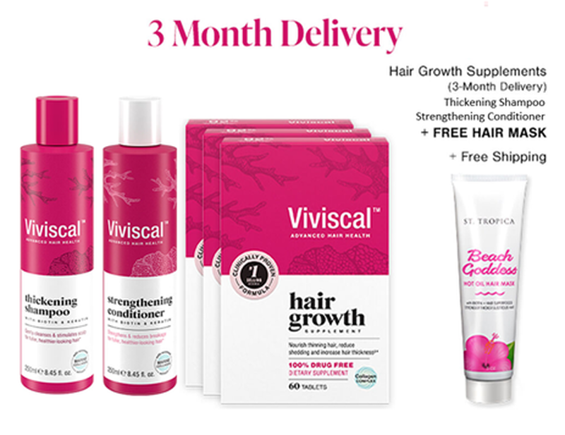 Hair growth supplements 3-month delivery, thickening shampoo, strengthening conditioner, plus free hair mask, and free shipping